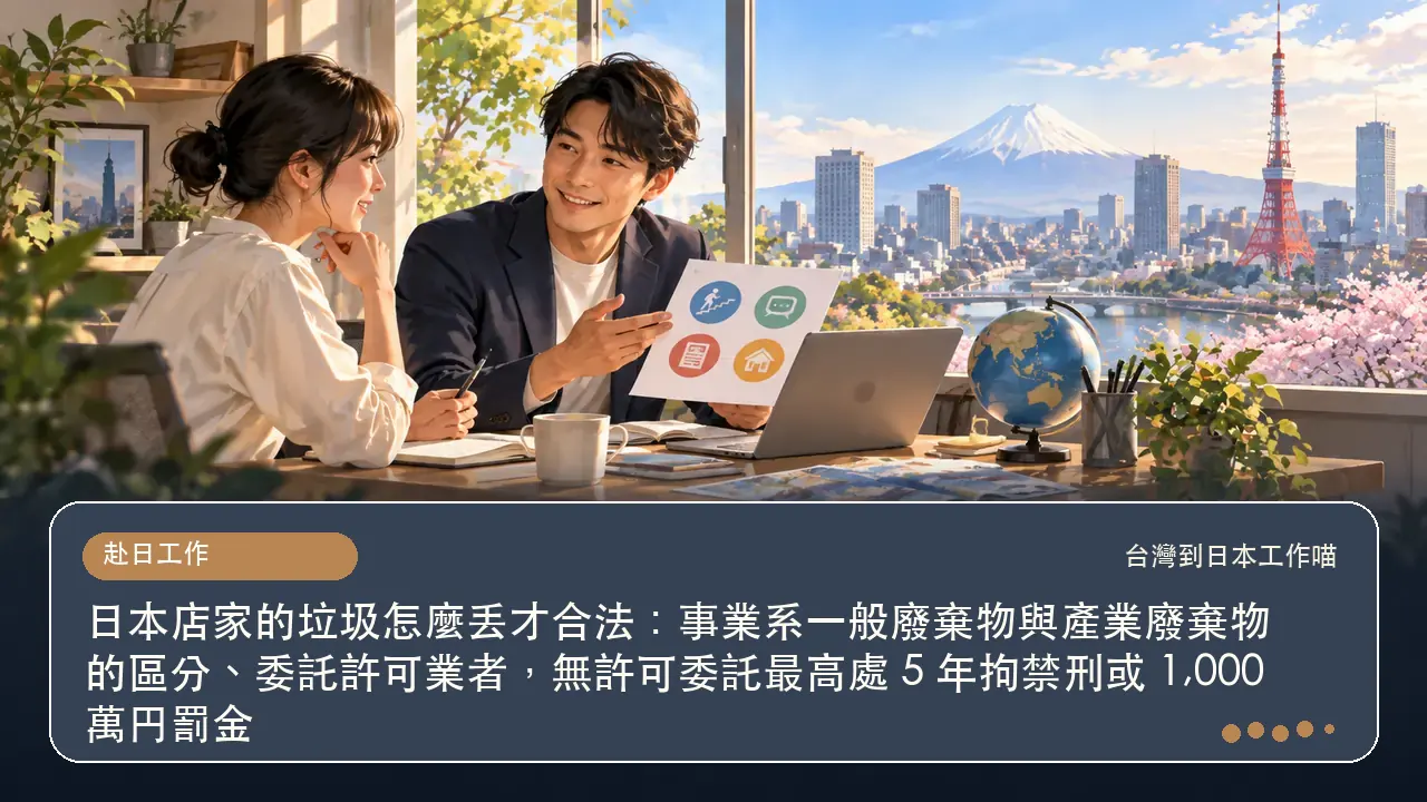 日本店家的垃圾怎麼丟才合法:事業系一般廢棄物與產業廢棄物的區分、委託許可業者,無許可委託最高處 5 年拘禁刑或 1,000 萬円罰金主題插畫