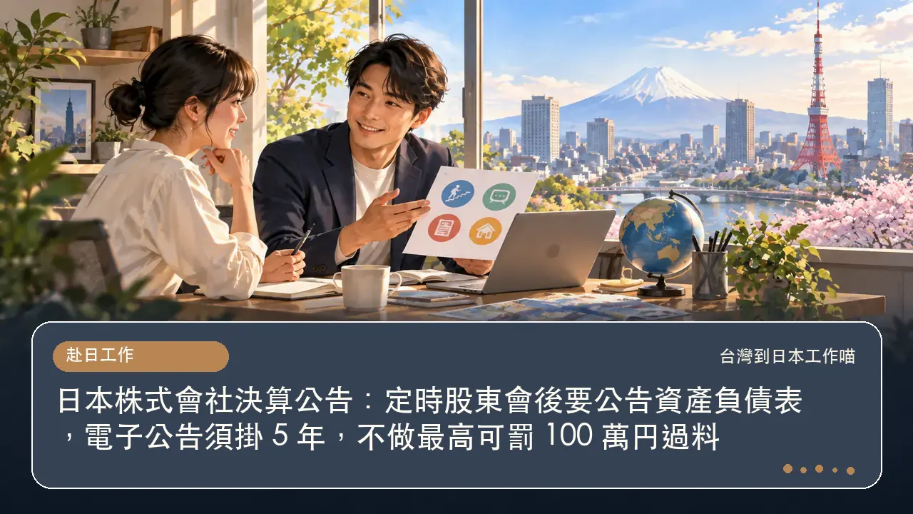 日本株式會社決算公告:定時股東會後要公告資產負債表,電子公告須掛 5 年,不做最高可罰 100 萬円過料主題插畫
