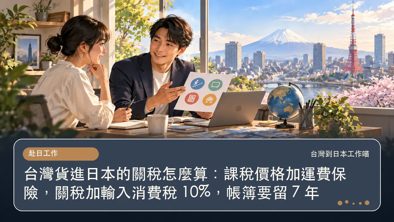 台灣貨進日本的關稅怎麼算:課稅價格加運費保險,關稅加輸入消費稅 10%,帳簿要留 7 年主題插畫