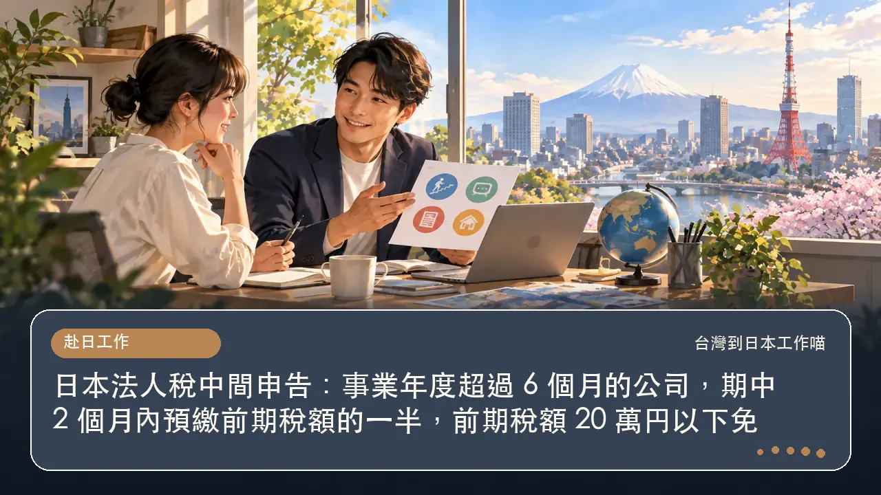 日本法人稅中間申告:事業年度超過 6 個月的公司,期中 2 個月內預繳前期稅額的一半,前期稅額 20 萬円以下免主題插畫