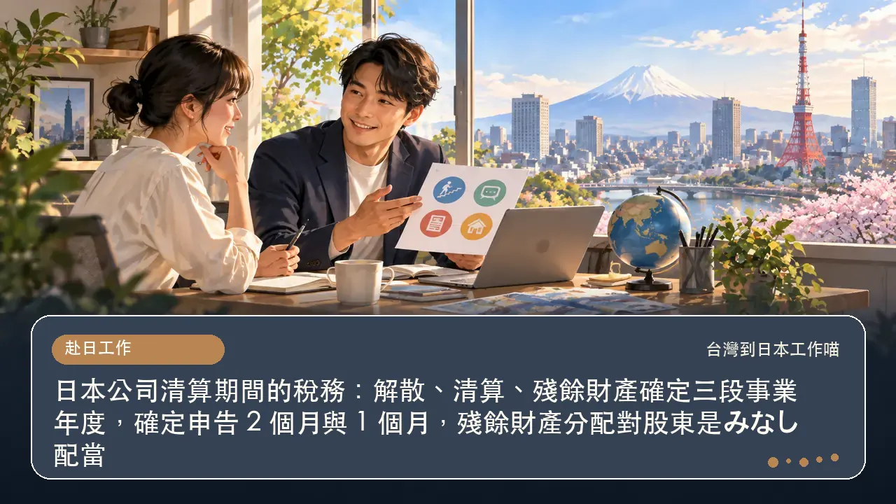 日本公司清算期間的稅務:解散、清算、殘餘財產確定三段事業年度,確定申告 2 個月與 1 個月,殘餘財產分配對股東是みなし配當主題插畫