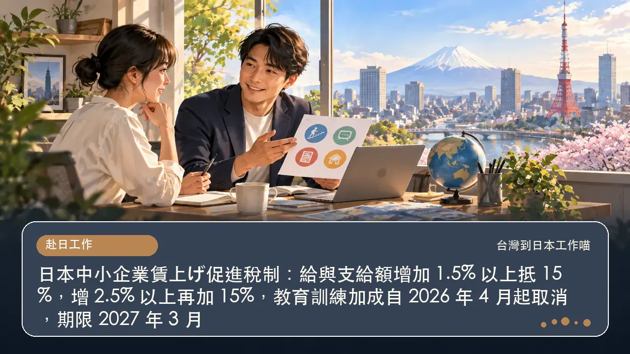 日本中小企業賃上げ促進稅制:給與支給額增加 1.5% 以上抵 15%,增 2.5% 以上再加 15%,教育訓練加成自 2026 年 4 月起取消,期限 2027 年 3 月主題插畫